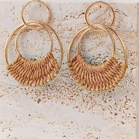 Tan Woven Raffia Gold Hoop Earrings Wicker Hoops Links Post Summer Rattan Style - Picture 5 of 7